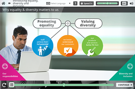 Diversity and Equality training - Clear information design, rich graphics and dynamic screen builds keep the learner engaged. Equality and Diversity training